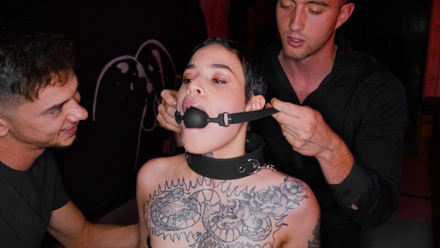 stage06.com~Obedient tattooed slut gets gagged and dominated by two rough guys in BDSM style